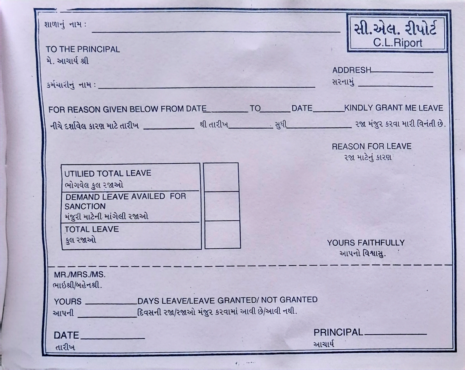 Class Teacher Report (બંડલ ઉપરની સ્લિપ)